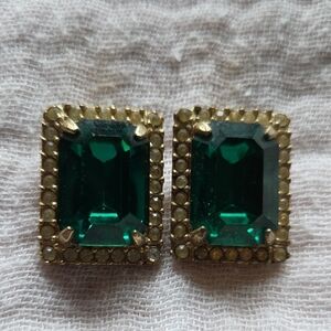 Emerald Green and Gold Tone Art Deco Earrings
